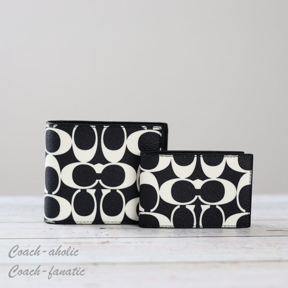 NWT Coach CP219 MEN's 3 In 1 Wallet In Signature Canvas & Leather Black/Chalk - Picture 3 of 9